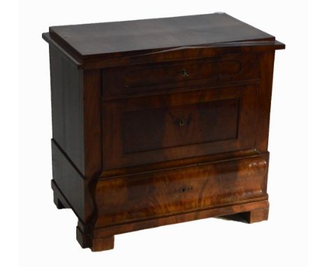 A 19th century Continental mahogany commode, the rectangular top with arched moulded frieze above shallow drawer, deep drawer