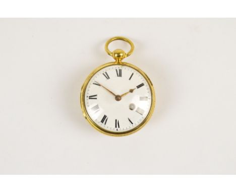An unusual gold plated open face key wind pocket watch with white enamel dial set with Roman numerals, the case with visible 