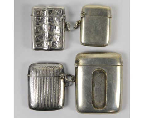Four variously hallmarked silver vesta cases to include plain rounded rectangular curved example with striker section to one 