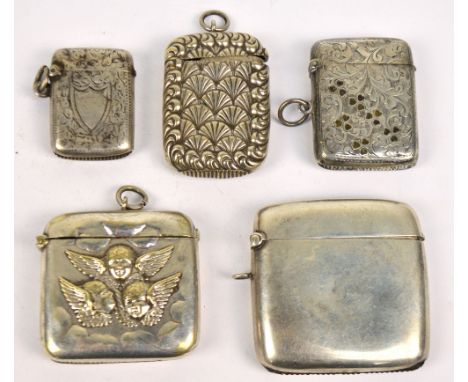 Three variously hallmarked silver vesta cases to include a foliate scroll engraved example of rectangular form, inset with ha