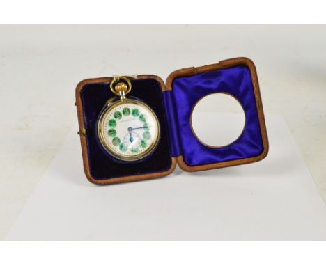 A large plated crown wind pocket watch with circular white enamel dial set with green guilloche enamel hour marker roundels b