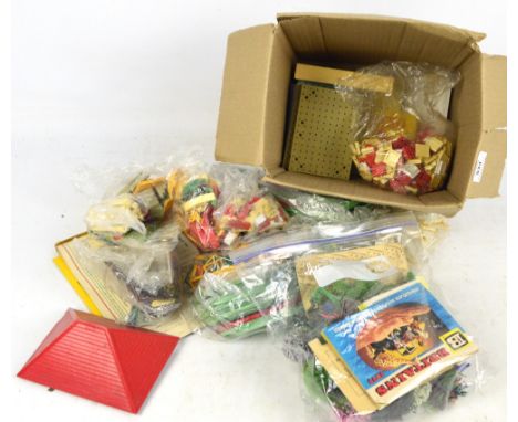 A quantity of Bayko building set items including roofs, windows, bricks, etc, a Bayko instruction manual for outfit numbers 1