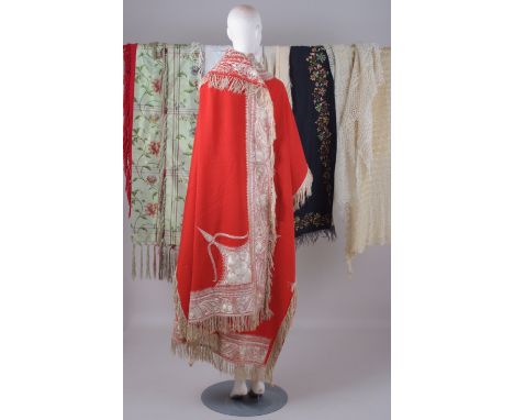 A COLLECTION OF C19TH SHAWLS A red Persian shawl embroidered in white satin stitch, with silk fringe and baubles. (good condi