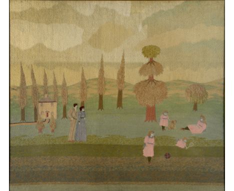 LARGE EMBROIDERED PICTURE an interesting embroidered landscape scene, depicting a house with two parents and four children pl