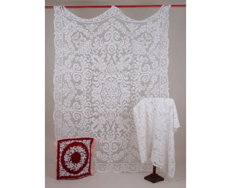 TWO LACE BED-COVERS, BEADED CUSHION & WOVEN SHAWLS. Cotton Filet lace bed covers 156cms x196 cms, a red tent stitch and white