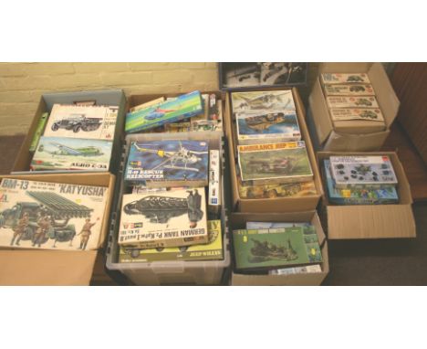 LARGE QTY OF MODEL KITS including a wide variety of Military and Aircraft kits. Factories include, Airfix, Hasegawa, Revell, 