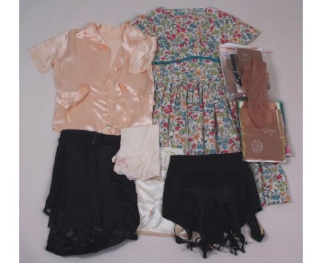 CORSETS, STOCKINGS, BATHING SUIT & VARIOUS Also a 1960's floral cotton dress, a 1930's satin blouse amongst various stockings