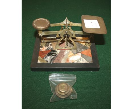LETTER SCALES - PIETRA DURA a set of brass scales mounted on a marble Pietra Dura base, and with weights. Scales stamped, Mad