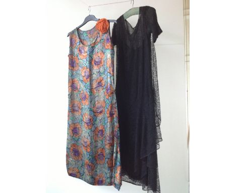 TWO 1920'S LAME & LACE FLAPPER DRESSES.  A 1920s printed silk lame jade purple and orange brocade flapper dress and a black s