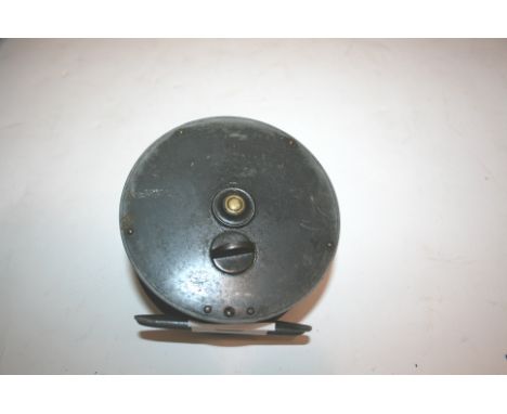 FARLOW FISHING REEL a 4 1/4" patent reel with a horn winder and half coin adjuster, marked Patent Number 2615, C Farlow & Co 