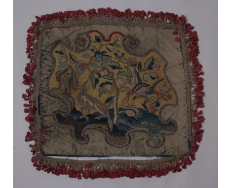 CIRCA 18TH CENTURY NEEDLE POINT TAPESTRY The irregular sized tapestry is part of a faded velvet cushion cover. Depicting Tree