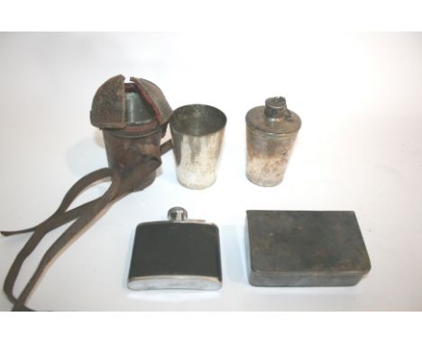 HUNTING DRINKS SET a leather case containing a silver plated container and two beakers (1 difficult to remove from the case).