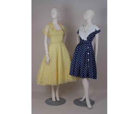 1950'S YELLOW LACE PROM DRESS & POLKA DOT DAY DRESS. A full skirted yellow prom dress, has been made from cutwork lace organd