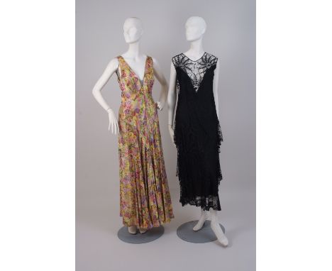 1930'S SATIN FLORAL EVENING GOWN & BLACK LACE DRESS A classical 30's bias-cut heavy satin gown with a low cut back and pretty