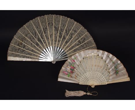 A C18th WHITE LACE FAN WITH MOTHER OF PEARL STICKS Alencon lace fan 35.5cms x 66.5cms in the original box labelled 'Fabrique 