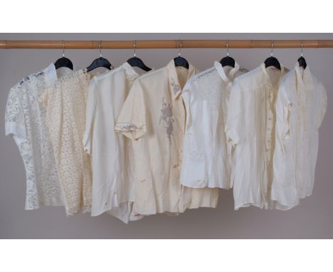 A COLLECTION OF VINTAGE LACE BLOUSES To include two 1950's guipure lace blouses. A lace fronted blouse, a 1930's silk blouse 