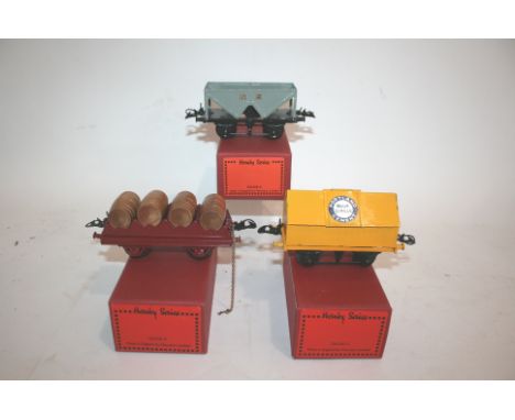 HORNBY 0 GAUGE 3 boxed wagons in replica boxes. No 1 Hopper Wagon NE (restored), No 1 Barrel Wagon (restored) and No 1 Cement
