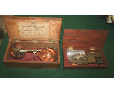 BOXED TEA SCALES - WILLIAMS & SON a boxed set of brass and copper scales, with a label inside the lid for Wm Williams & Sons,