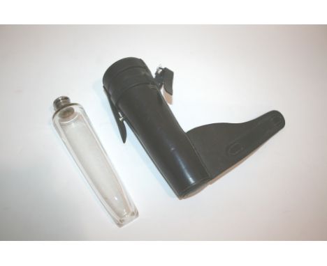 LEATHER CASED HUNTING FLASK a conical shaped glass flask with a silver plated lid (by James Dixon), in a leather case. Flask 