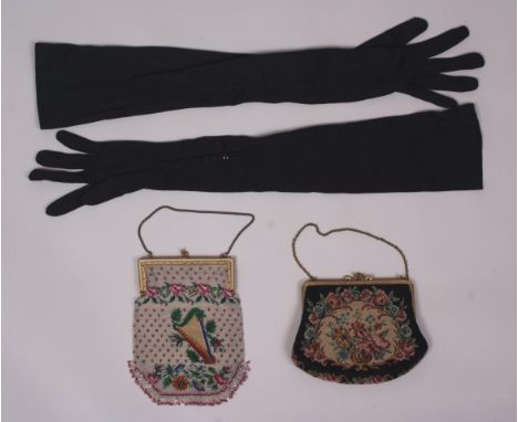 TWO PRETTY EVENING BAGS & PAIR OF LONG GLOVES To include a pretty glass beaded evening bag with flowers and a harp motif, lin