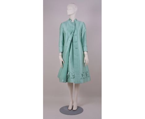 A COLLECTION OF 1950'S EVENING COATS & 'HARTNELL' DRESS & COAT  An eau de nil satin dress and coat ensemble, labelled 'Hartne