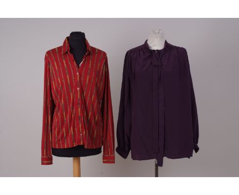 FOUR 1980's SILK BLOUSES 'YVES ST LAURANT' 'HARDY AMIES' Two soft silk print blouses labelled "rive gauche" Size 38. A furthe