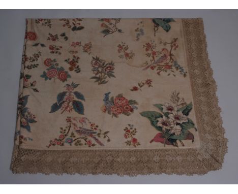 EARLY 19TH CENTURY EMBROIDERED & APPLIQUED TABLE CLOTH Depicting birds and flowers printed on fabric, embellished with embroi