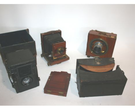 EARLY PLATE CAMERAS including a cased Kershaw Marion & Co plate camera, a No 4 Panoram-Kodak Model B Camera, a Sanderson Plat