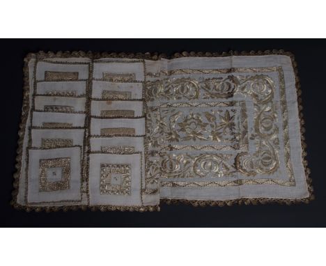 A SET OF C19TH TURKISH GOLD WORK RUNNER & MATS. Runner approx 1.36m x 50cms wide. And 12 mats 15cms x 15cms. (13)