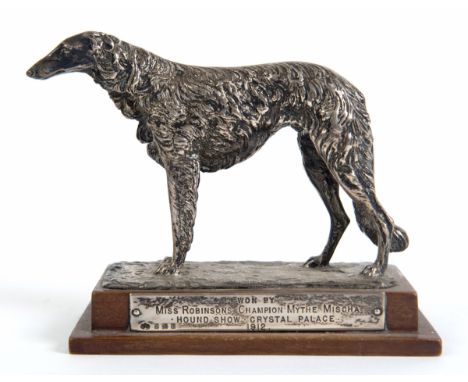 SILVER MODEL OF A BORZOI & EPHEMERA - CHAMPION an Edwardian silver model of a champion Borzois, Mythe Mischat Hound Show, Cry