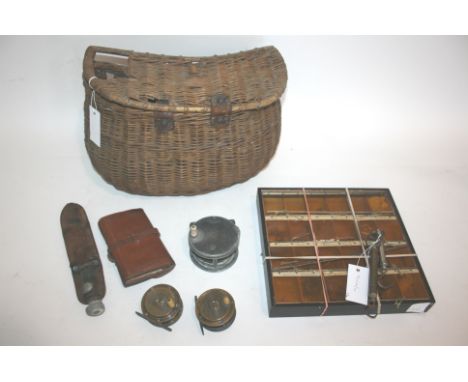 FISHING REELS & FISHING ITEMS including a Farlow 3 1/2" alloy reel, and two brass Army & Navy 2 1/2" reels (with names on the