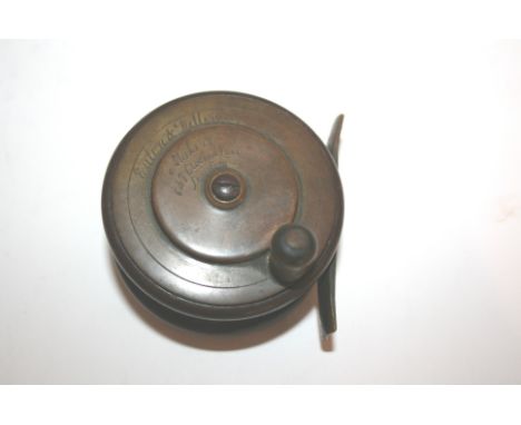 19THC FISHING REEL - EATON & DELLER a brass and ebonite 2 1/2" reel with horn winder. Marked, Eaton & Deller, Makers 6 & 7 Cr