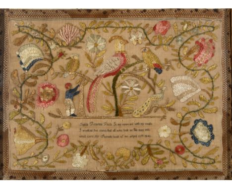 19THC SAMPLER & EMBROIDERED PICTURE - 1843 an interesting embroidered picture, with a raised design depicting a variety of bi