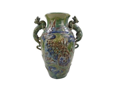 An Art Nouveau&nbsp;Baron Ware (William Baron) Barnstaple vase, shouldered form, pieced and modelled in low relief with a Fis