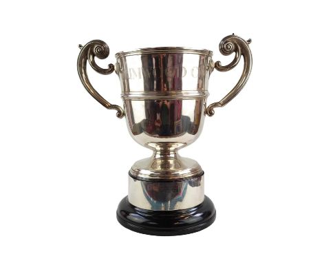 Very Large Silver Trophy engraved 'Grimwood Cup' London 1901 2.9kg+ with later Silver rim on ebonised base for Huntingdon Reg