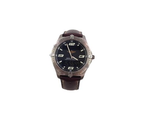 Gentleman's Breitling stainless steel quartz wrist watch the round black dial with numeral hour markers, two digital display 