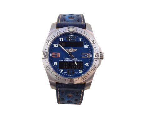 Gentleman's Breitling Aerospace Chronometer stainless steel quartz wrist watch the round Blue dial with numeral hour markers,