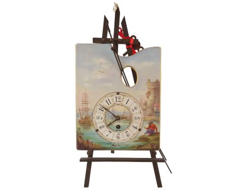 19thC Ceramics clock in the form of a artists pallet depicting a Marine scene with numeral dial, mounted on Brass Artists fra