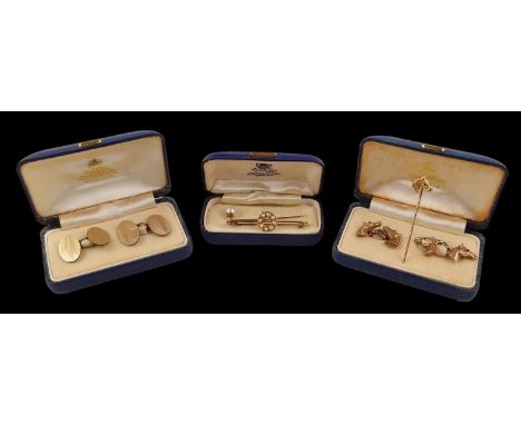 Pair of Good quality 9ct Gold Horse head cufflinks with Ruby set eyes, matching Stick pin, 9ct Gold Pearl set stick pin and 9