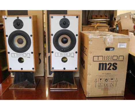 Pair of Vintage Mission 770 Speakers on Rosewood veneered stands, boxed with a Mission M2S AV System