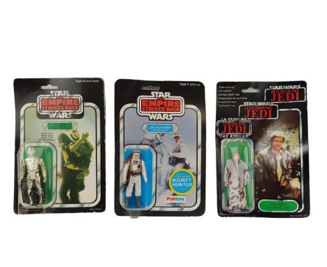 3 Vintage Star Wars Palitoy Lucasfilm figures 3 Logo Return of the Jedi Han Solo (In trench Coat), The Empire Strikes Back C-