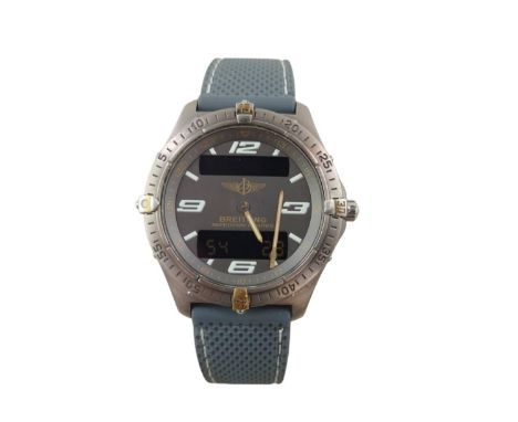Gentleman's Breitling Aerospace quartz wrist watch the round Grey dial with numeral hour markers, two digital display apertur