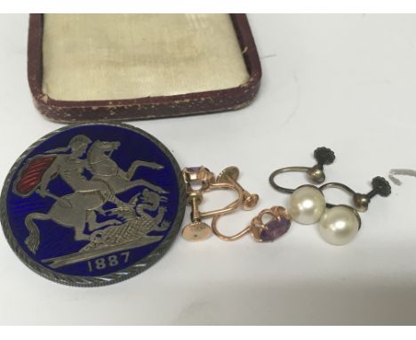 A pair of 12 carat gold earrings set with amethyst a pair of pearl earrings and a Victorian enamel 1887 Victorian crown (3)- 
