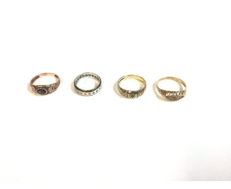 3 9ct gold rings including one set with a sapphire total weight 7.28g and a high ct gold unmarked ring set with ruby and diam