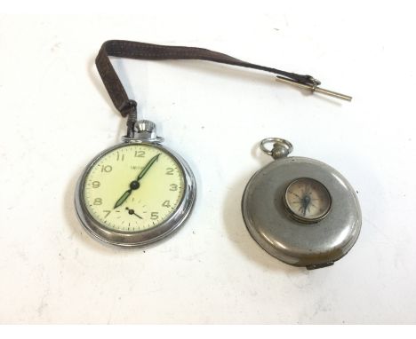 A smiths pocket watch and a vintage compass fob with collapsing toddy cup inside. Postage B