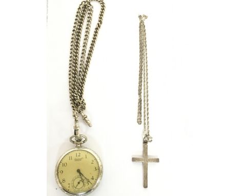 A button wind Ingersoll Waterbury pocket watch with chain and a cross pendant necklace. Postage category B- NO RESERVE