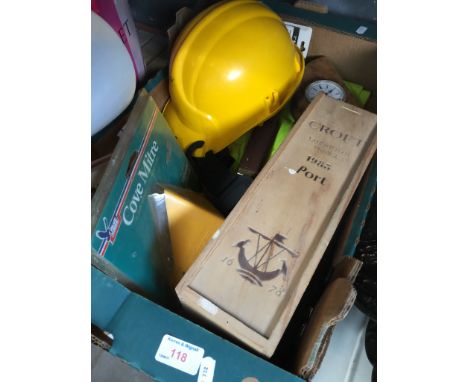 BOX INC. SAFETY HELMET, BOX OF DRILLS, TABLE LAMP