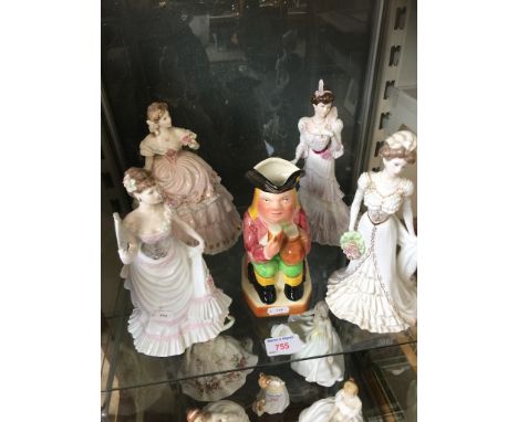 3 COALPORT FIGURES, A ROYAL WORCESTER FIGURE AND A CHARACTER JUG CCONDITION: NO SIGNS OF DAMAGE OR REAPIR, HEIGHT - 21CM, 22C