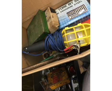 A BOX OF CAR PARTS AND TOOLS