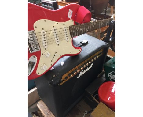 FENDER SQUIER MINI ELECTRIC GUITAR AND MARSHALL  AMPLIFIER